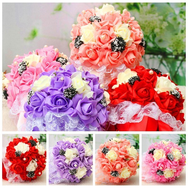 Handmade Rose Flower Artificial Flowers Bridal Wedding Bouquet Brooch Crystal Pearls Flowers