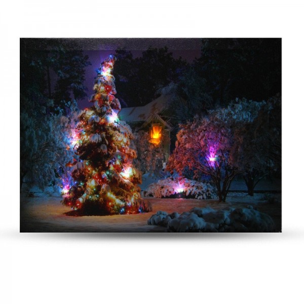 40 x 30cm Battery Operated LED Christmas Snowy House Front Tree Xmas Canvas Print Wall Art