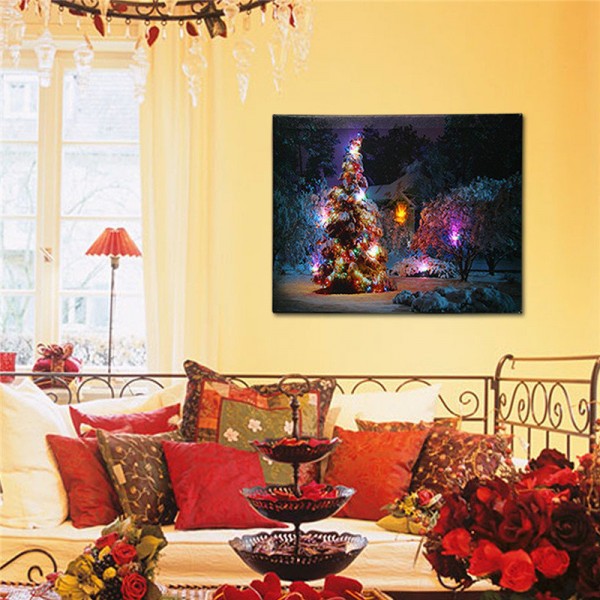 40 x 30cm Battery Operated LED Christmas Snowy House Front Tree Xmas Canvas Print Wall Art