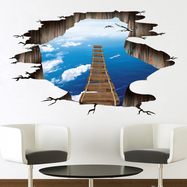 Miico Creative 3D Sky Suspension Bridge Broken Wall Removable Home Room Decorative Wall Door Decor Sticker