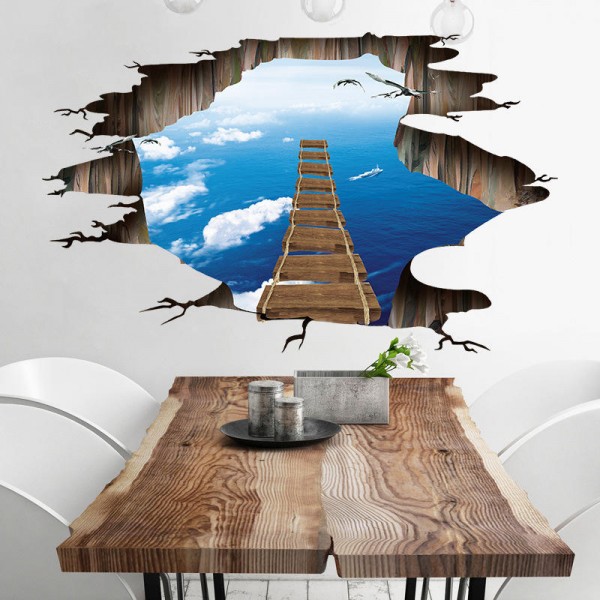 Miico Creative 3D Sky Suspension Bridge Broken Wall Removable Home Room Decorative Wall Door Decor Sticker