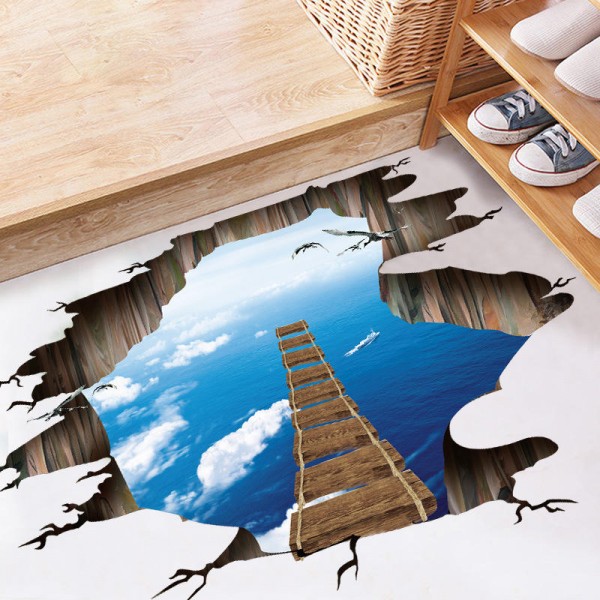 Miico Creative 3D Sky Suspension Bridge Broken Wall Removable Home Room Decorative Wall Door Decor Sticker