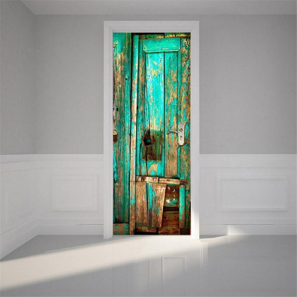 3D Door Wall Vintage Green Wooden Door Self Adhesive Mural Decals Wall Sticker Home Decor