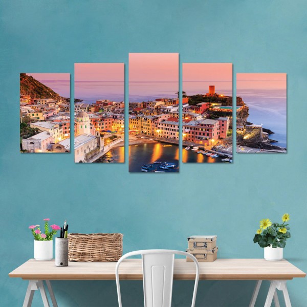 5 Panel Frameless Print Italian Town Oil Paintings on Canvas Wall Picture for Living Room Decor