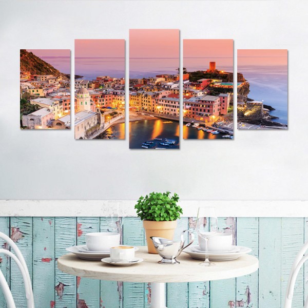 5 Panel Frameless Print Italian Town Oil Paintings on Canvas Wall Picture for Living Room Decor