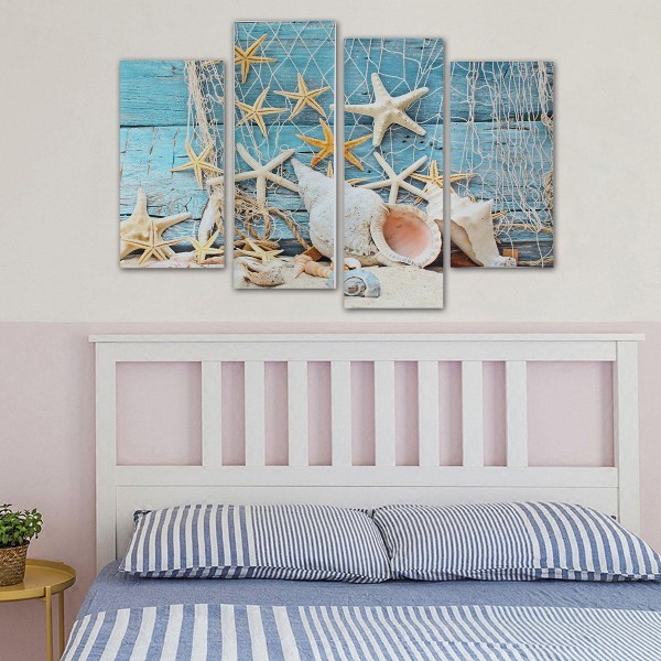 4Pcs Conch Fishnet Starfish Beach Canvas Paintings Pictures Waterproof Frameless