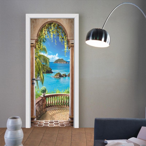 3D Sea Balkong Arch Door Wall Sticker Sj&auml;lvh&auml;ftande v&auml;ggm&aring;lning Foto V&auml;ggdekal