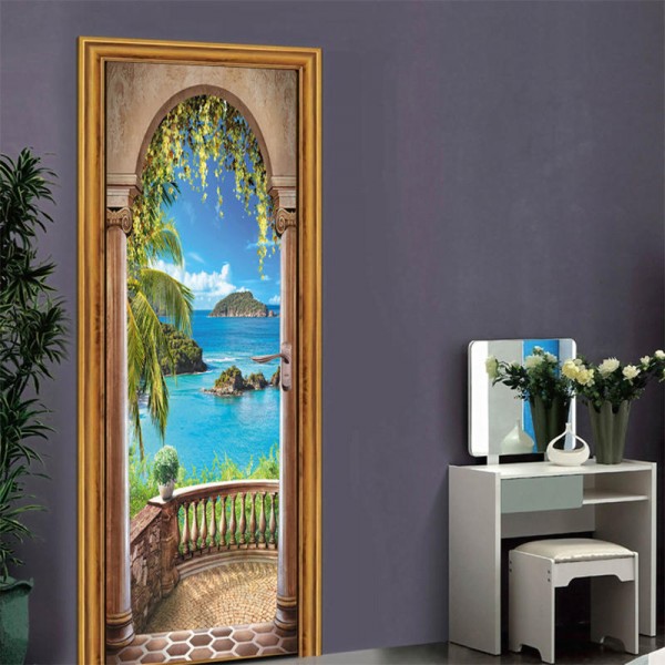 3D Sea Balkong Arch Door Wall Sticker Sj&auml;lvh&auml;ftande v&auml;ggm&aring;lning Foto V&auml;ggdekal