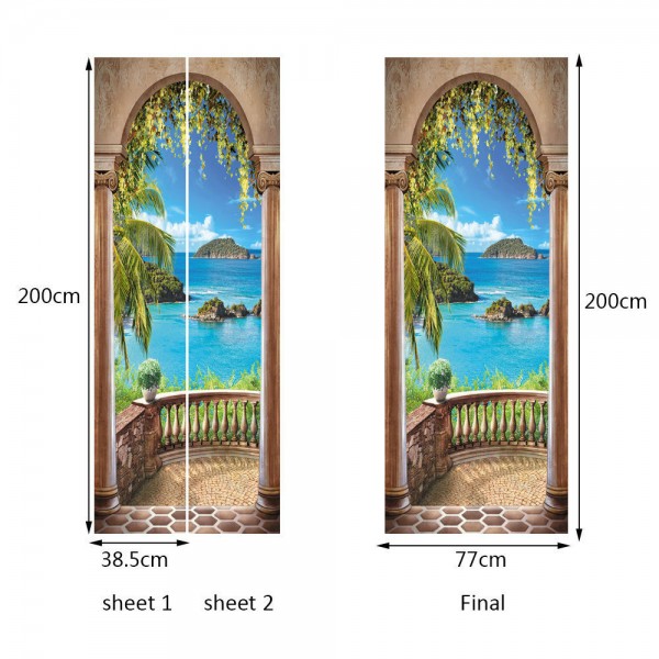 3D Sea Balkong Arch Door Wall Sticker Sj&auml;lvh&auml;ftande v&auml;ggm&aring;lning Foto V&auml;ggdekal